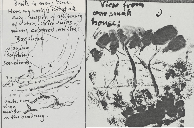 Zeichnungen des Bosporus von Bruno Taut in einem Brief an Tokugen Mihara vom 8. August 1938. Akademie der Künste Berlin, Bruno-Taut-Sammlung, Nr. 145